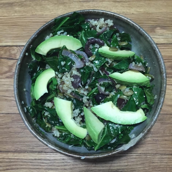 Collard Greens with Olives, Coconut, and Pumpkin Seeds