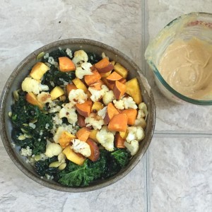 Roasted Veggies, Kale, Quinoa Plus Tahini-Miso Sauce