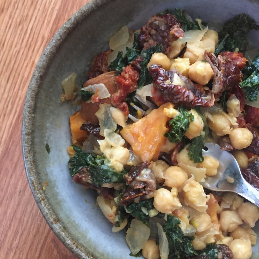 Lemon Coconut Chickpeas and Kale with Sun-Dried Tomatoes
