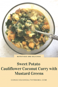 You must try this amazing recipe! Sweet Potato Cauliflower Coconut Curry with Mustard Greens! It is hardy and healthy (and perfect for the holidays). #vegan #veganfood #veganrecipes