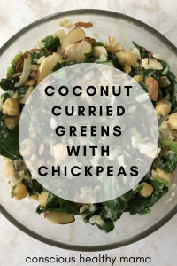 This is a must try dish! Enjoy this delicious and nutritious Coconut Curried Greens with Chickpeas that will leave you feeling refreshed and healthy. #veganmom #veganrecipe #veganfood